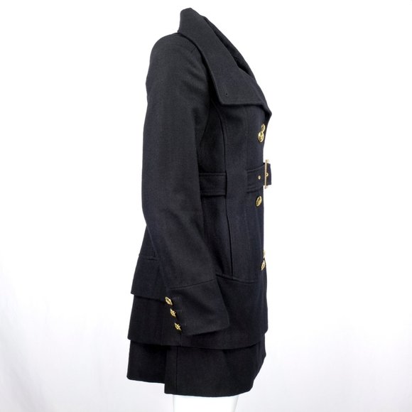 BLACK RIVET Black Wool Peplum Military Trench Coat - Picture 7 of 16
